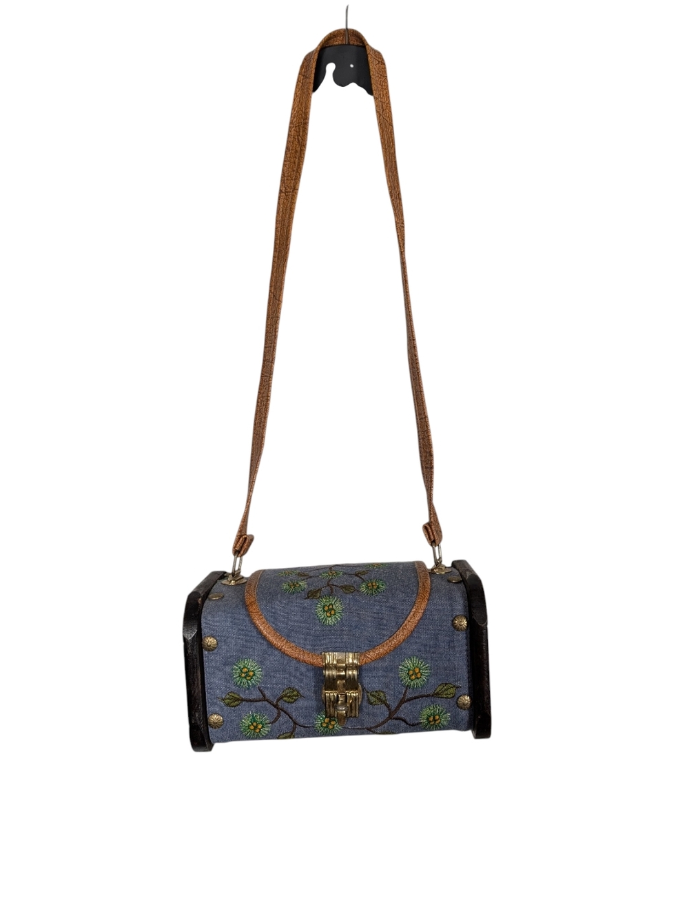 Vintage 70s Denim & Wood Floral Embroidered Barrel Bag Cottagecore Boho Purse